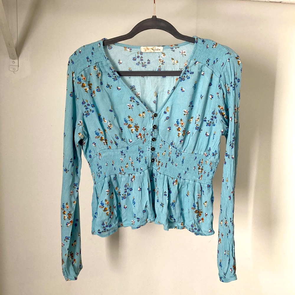 XL Long Sleeve Floral Blouse (teal)